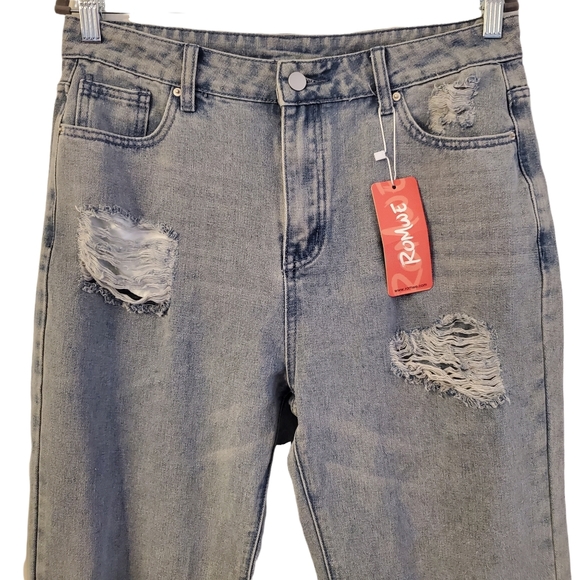 Romwe Wide Leg High Rise Distressed Light Wash Jean - Picture 2 of 6